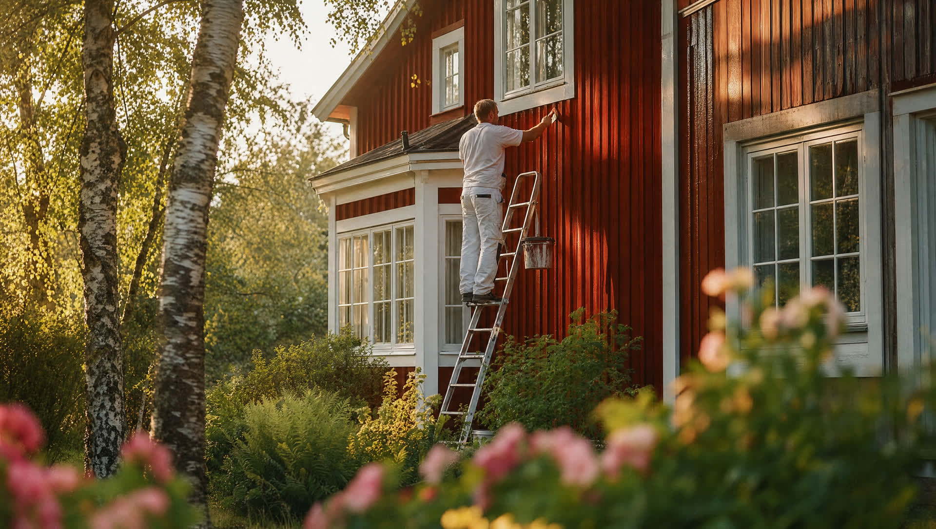 Målare på stege målar en faluröd träfasad