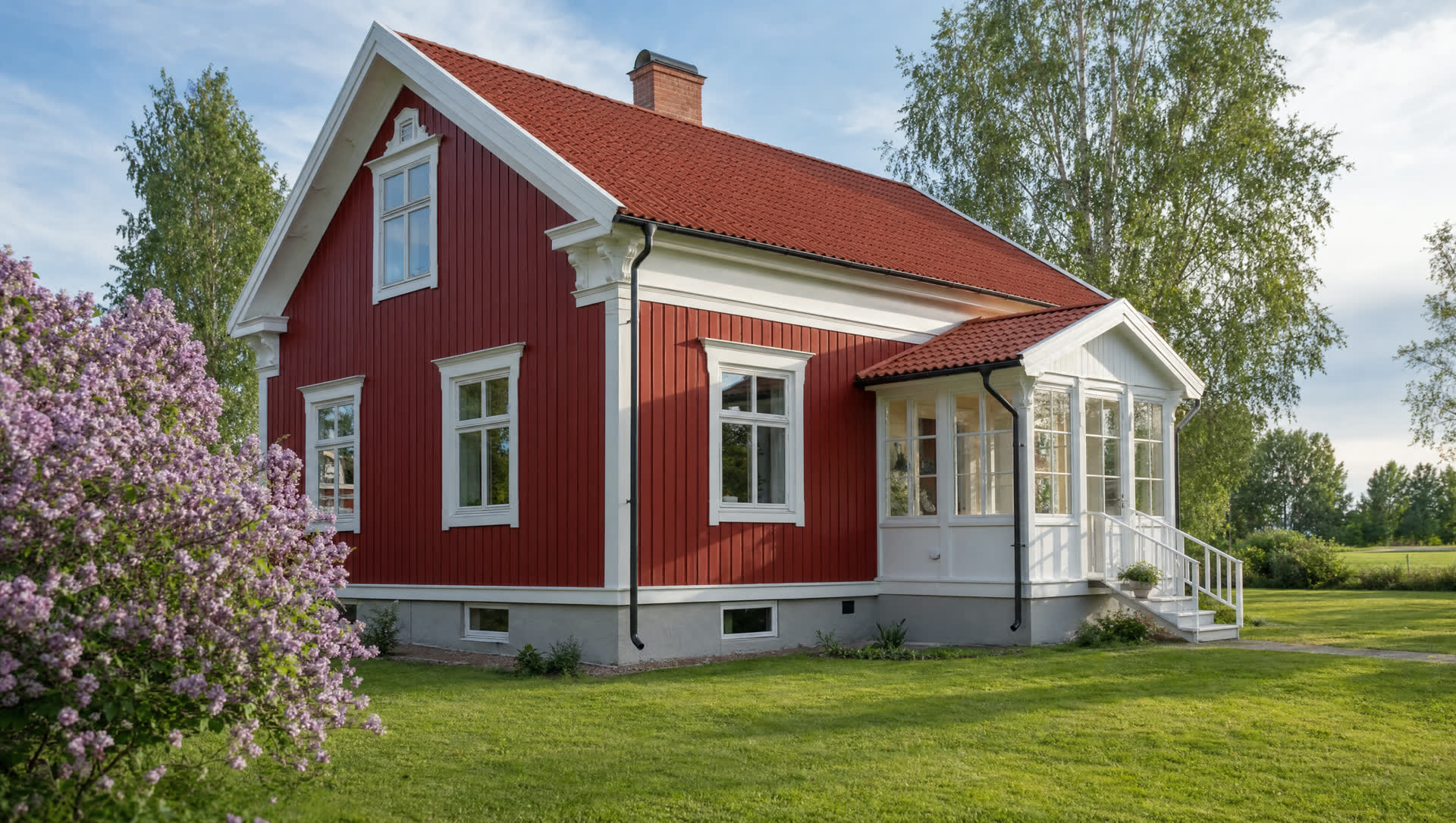 Nymålad faluröd trävilla med vita knutar och veranda