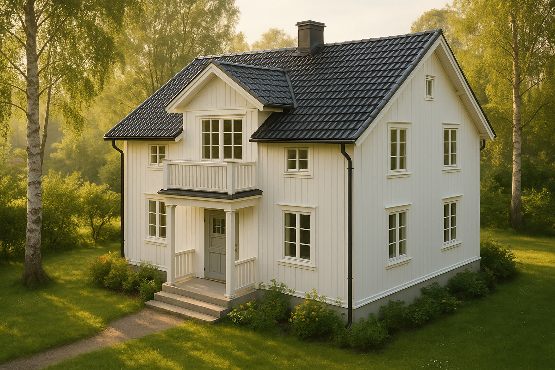 Vit trävilla med nytt mörkgrått pannetak, nya hängrännor och vita vindskivor